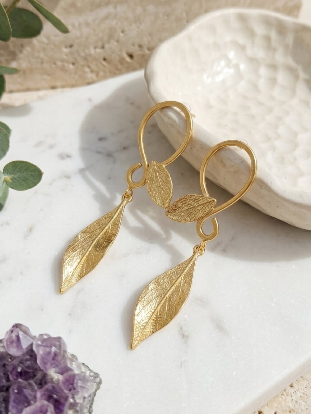 Turkish Gold Leaf Drop Earrings 18K Plated Brass Boho Statement Dangle Handmade - Picture 17 of 17